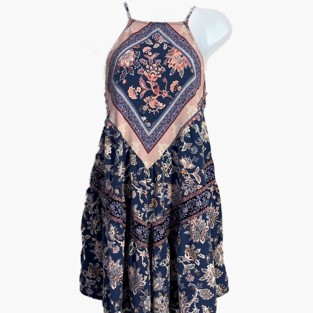 American Eagle Outfitters dark teal floral boho handkerchief hem dress Sz S